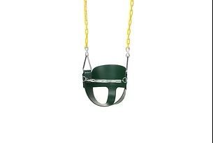 Green bucket swing with yellow chains, against a white background.