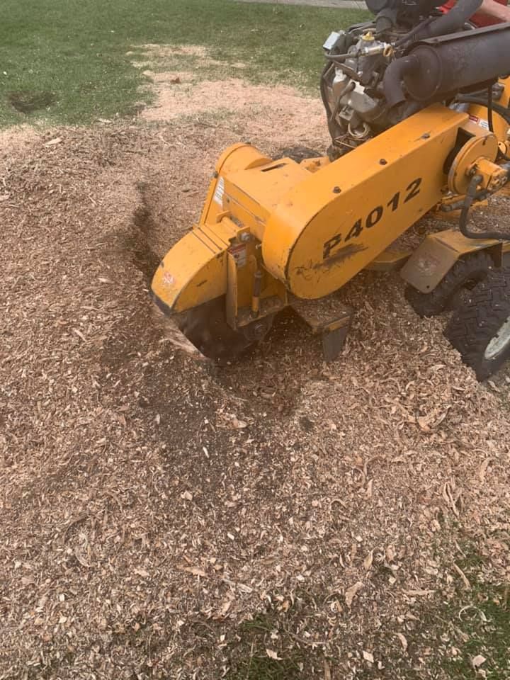 A yellow stump grinder is cutting a tree stump in a yard.