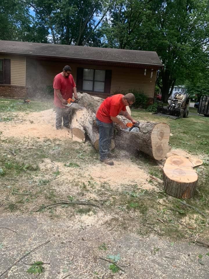 Two men are cutting a large log with a chainsaw in front of a house.