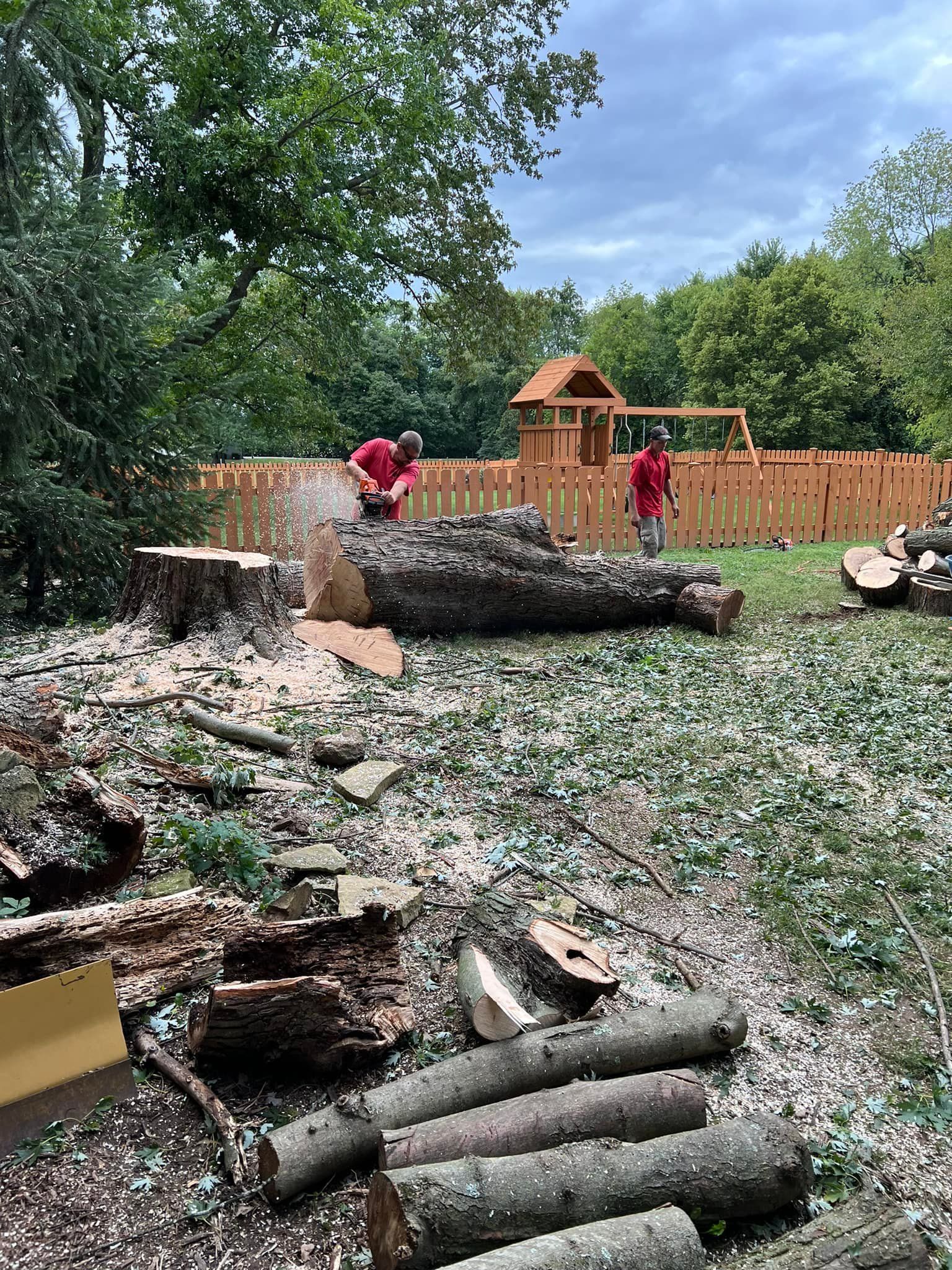 A group of people are working on a pile of logs in a yard.