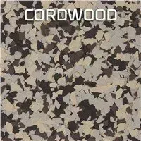 Cordwood label over a mottled tan, brown, and gray camouflage-like pattern