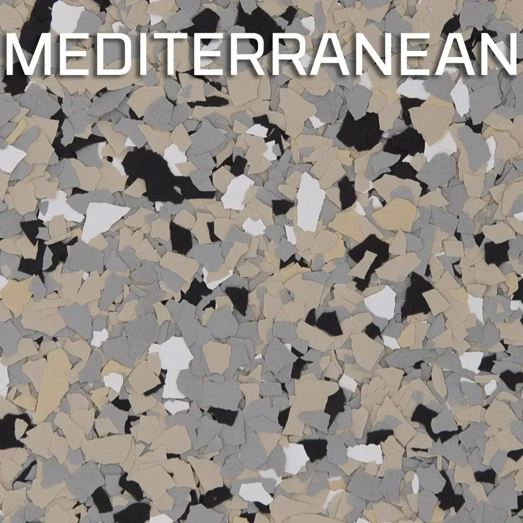 Mosaic of gray, beige, and black stones with the word “MEDITERRANEAN” at the top.