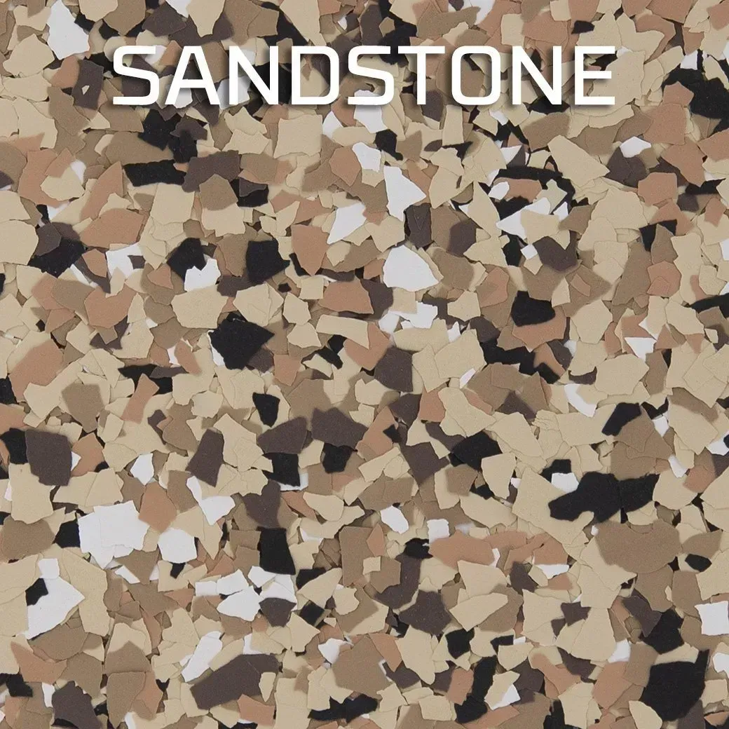 Sandstone rock texture with tan, brown, black, and white speckles, labeled “SANDSTONE” at top