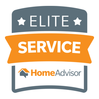 HomeAdvisor Elite Service badge in gray, orange, white, and blue