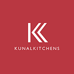 Kunal Kitchens logo in white on a red square background