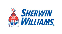 Sherwin-Williams logo with blue text and a paint can mascot holding a red, white, and blue shield