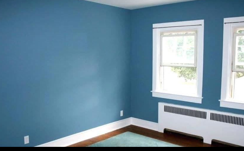 Empty blue bedroom with two windows, white trim, and radiator heating beneath the windows.