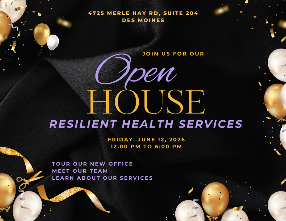 Open House flyer for Resilient Health Services, black and gold with date, time, and location details