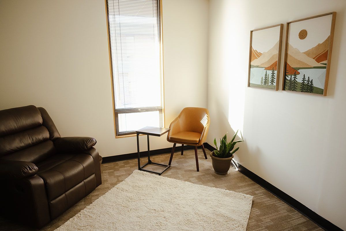 Cozy living room with a black leather sofa, tan chair, rug, plant, and wall art near a bright window.