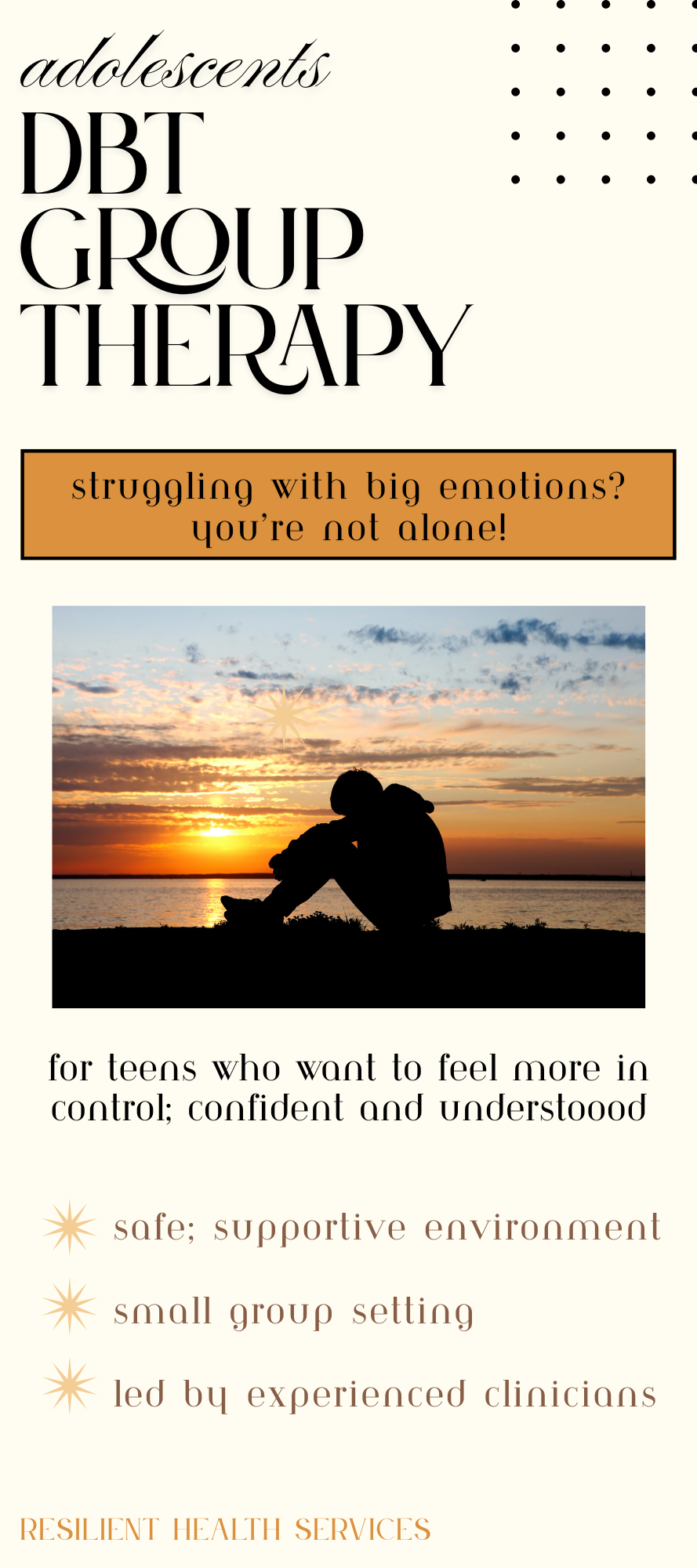 Flyer for DBT group therapy with sunset silhouette photo and benefits listed beneath.