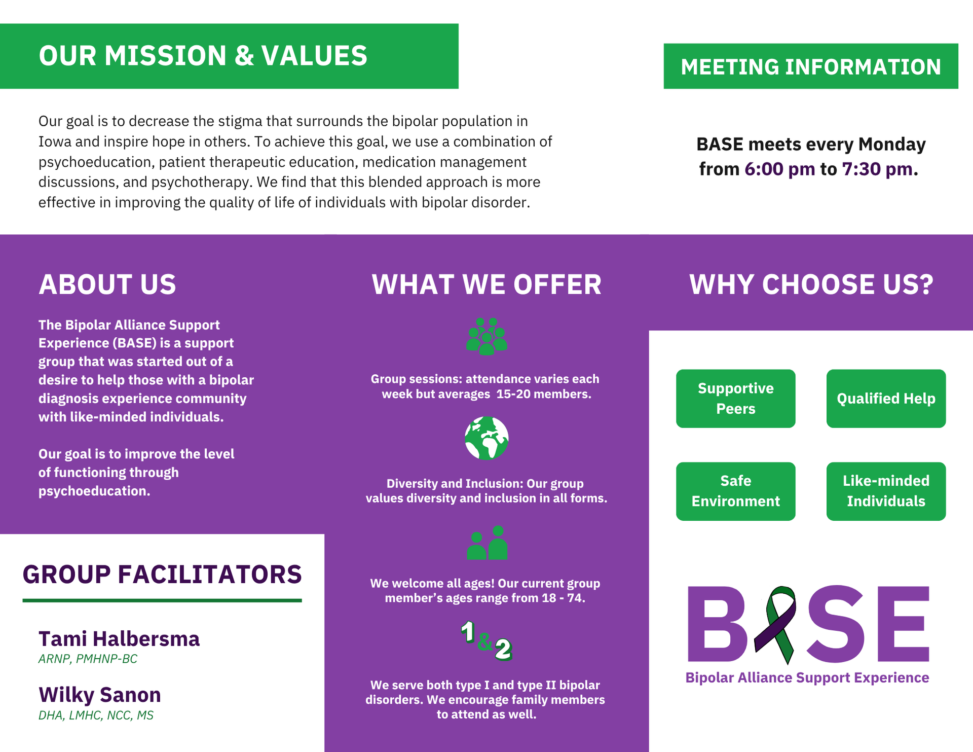 Purple and green health flyer with mission, services, meeting info, facilitators, and B4SE logo