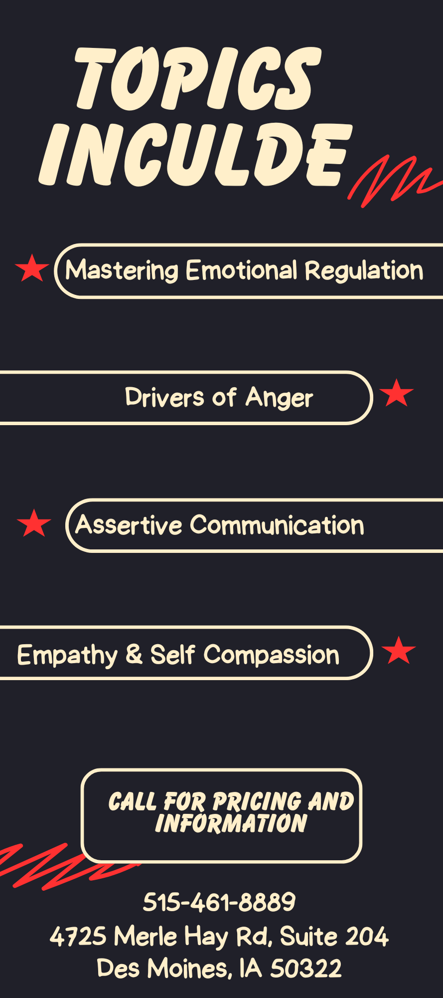 Promotional flyer listing topics: emotional regulation, anger, assertive communication, and empathy/self-compassion.