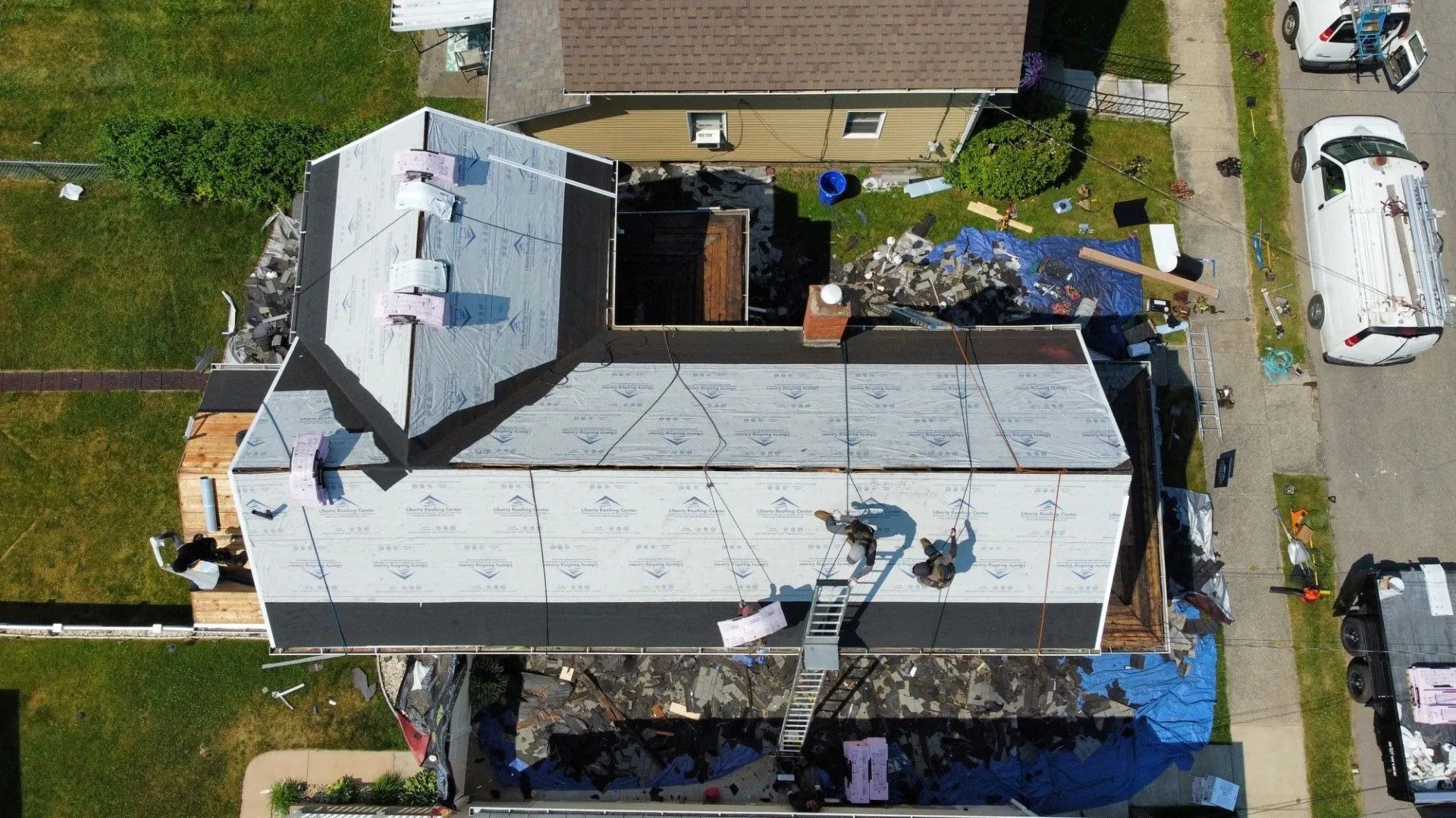 An aerial view of a house being remodeled.