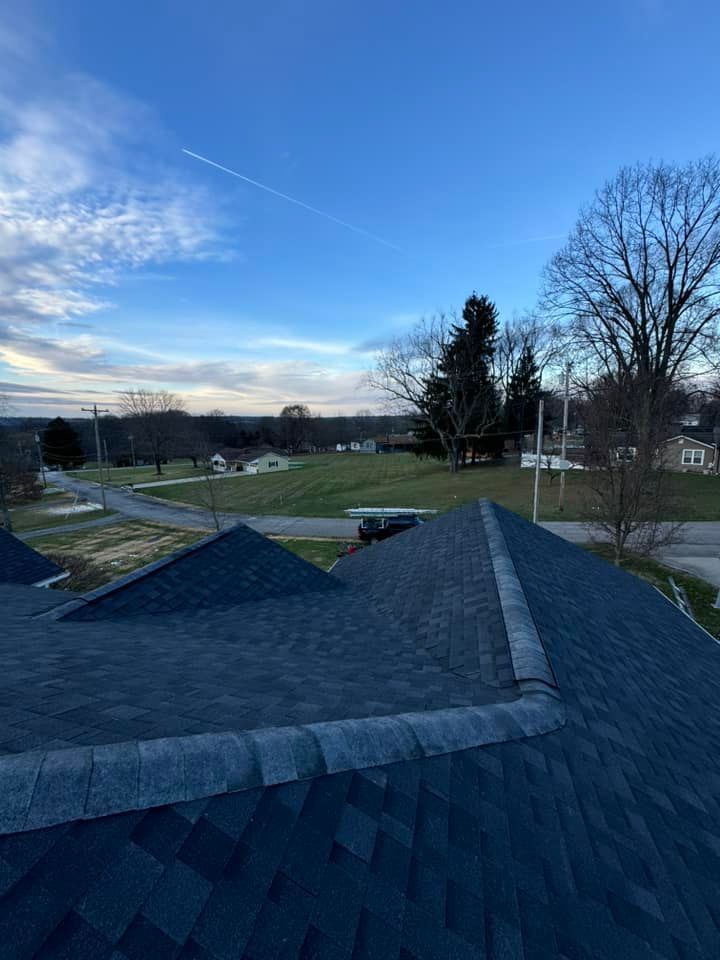 An aerial view of a roof with a blue sky and trees in the background.