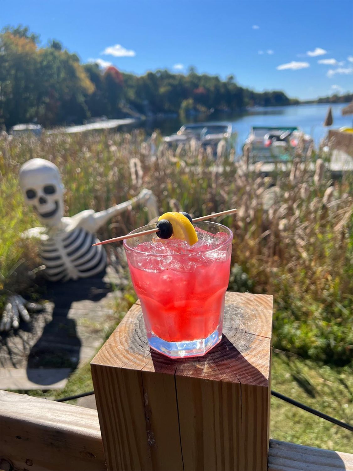 A skeleton is standing next to a drink on a wooden post.