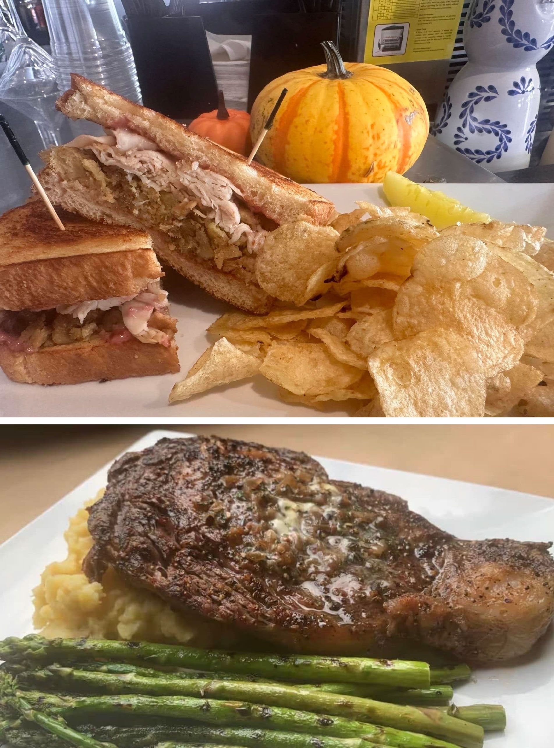 A sandwich , chips , asparagus and a steak are on a table.