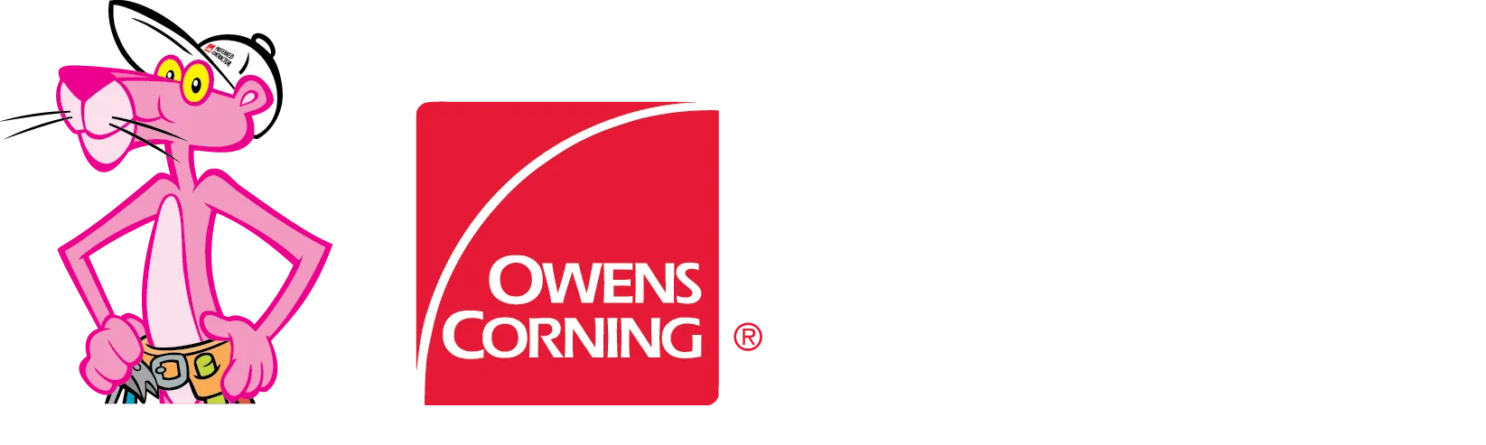 The Pink Panther mascot standing next to the red Owens Corning logo.