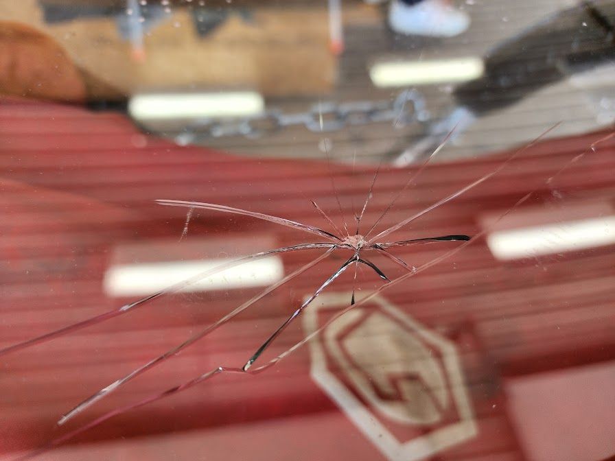 A close up of a broken windshield with a spider on it.