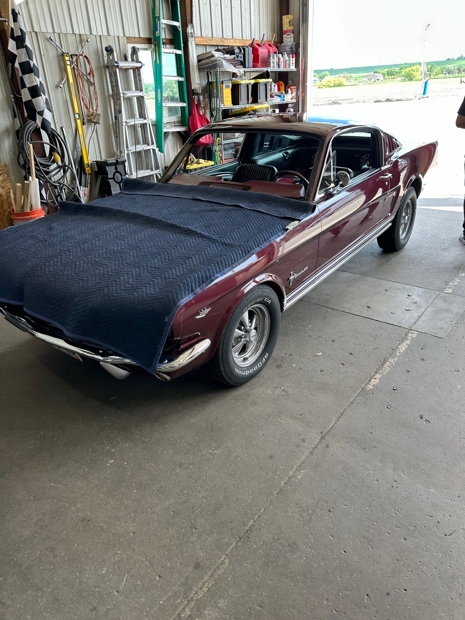 A red mustang is parked in a garage with a blue blanket on the hood.