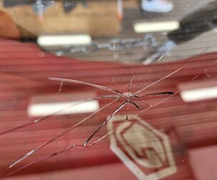 A close up of a cracked windshield on a car.