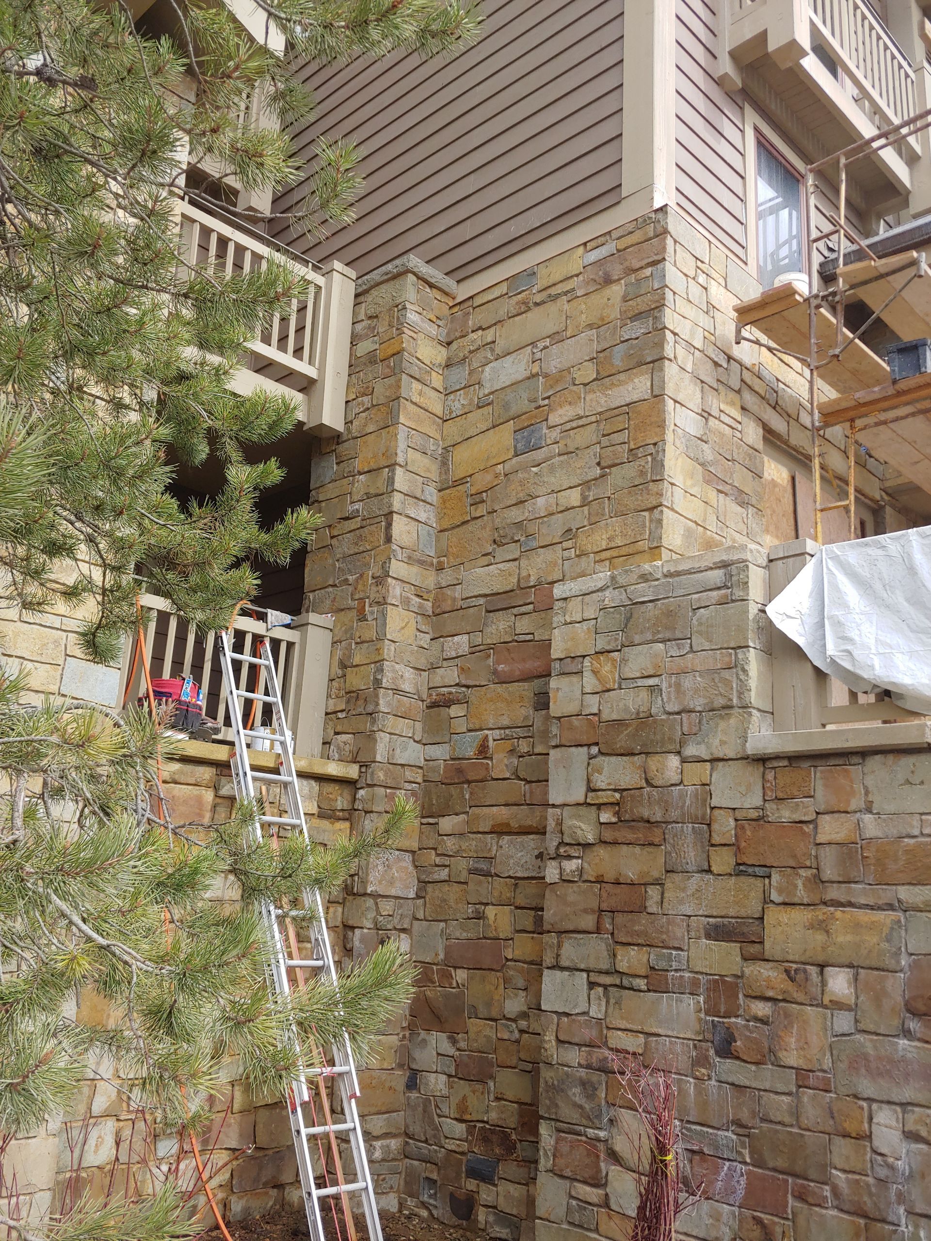 A ladder is sitting on the side of a building next to a stone wall