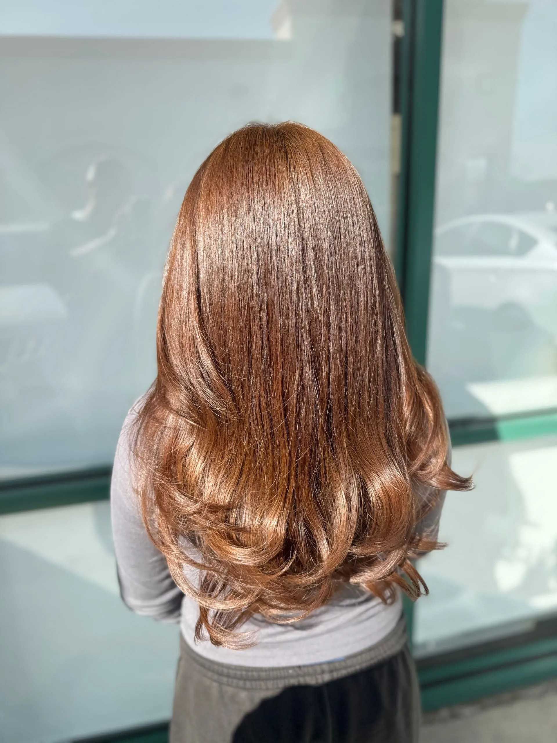Woman with long, shiny, auburn hair, backlit by sunlight.