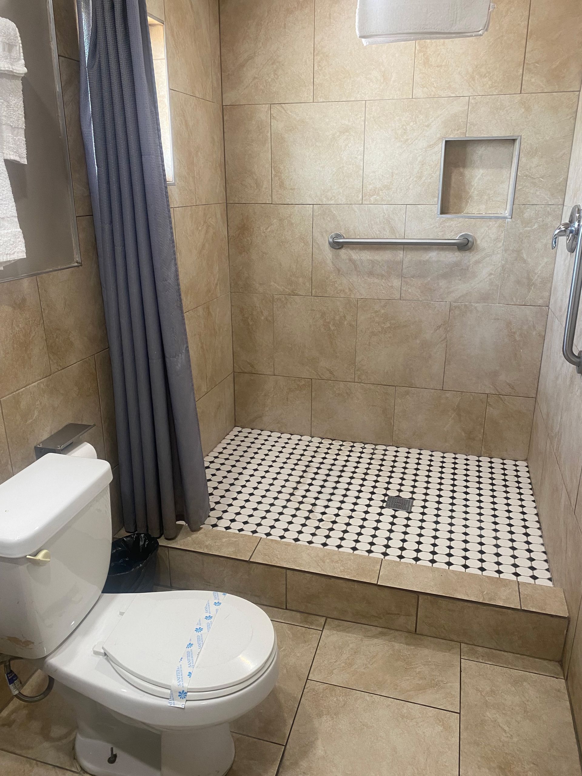 A bathroom with a toilet and a walk in shower.