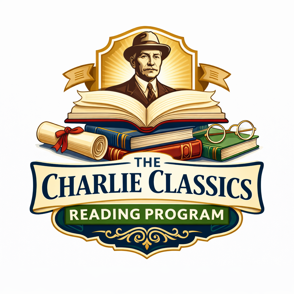 A logo featuring a man in a fedora, an open book, a scroll, and glasses, with the text 