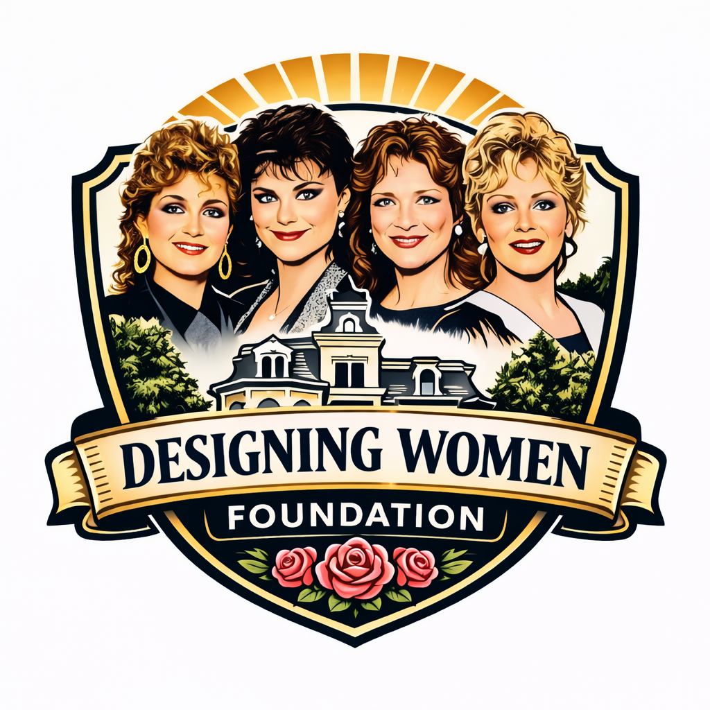 Logo for the Designing Women Foundation featuring four women above a house illustration, text, and roses on a shield.
