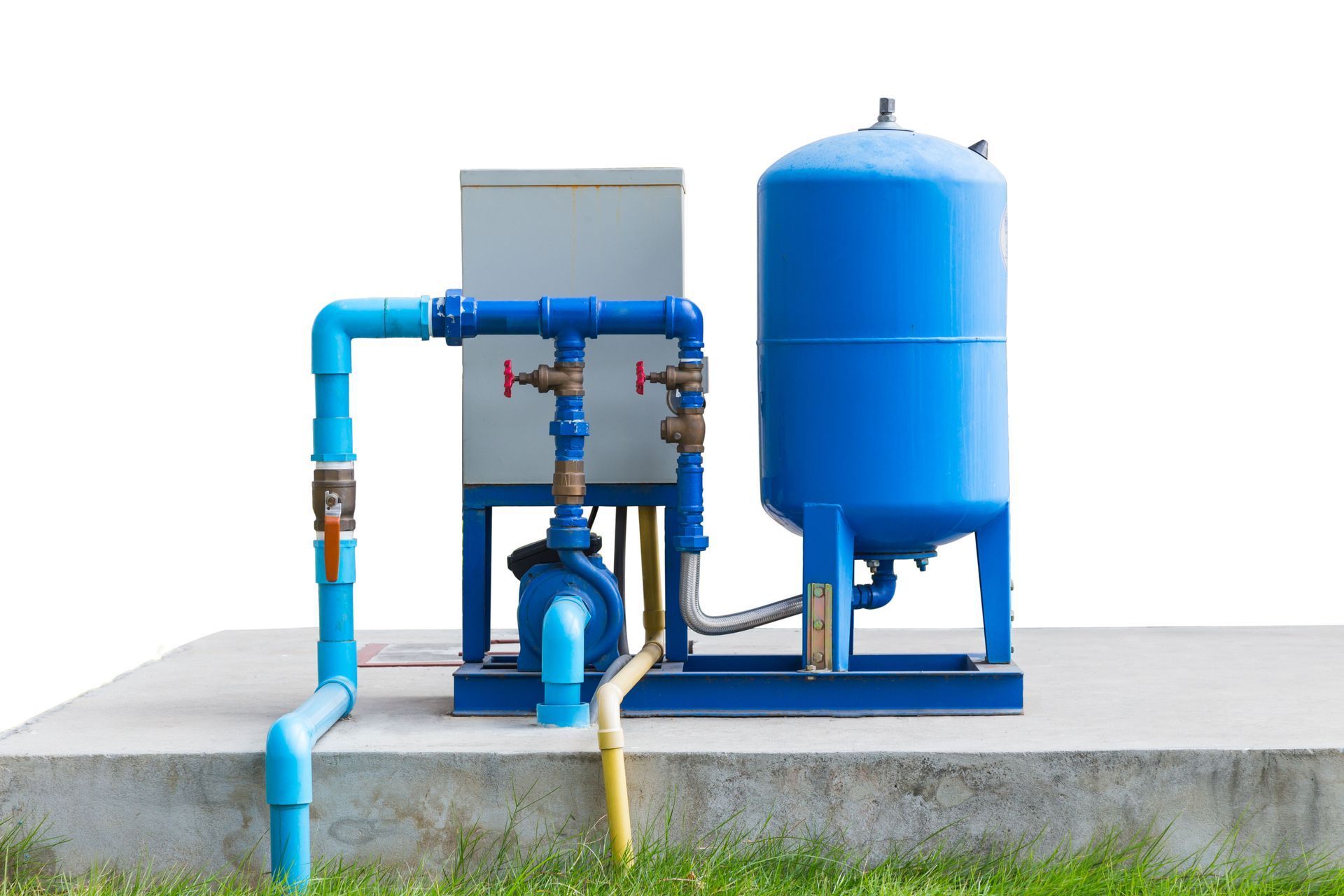 Blue industrial water filtration system with tanks and pipes on a concrete platform outdoors