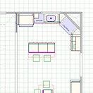 Top-down view of a room layout with a kitchen island, cabinets, and a bathroom.