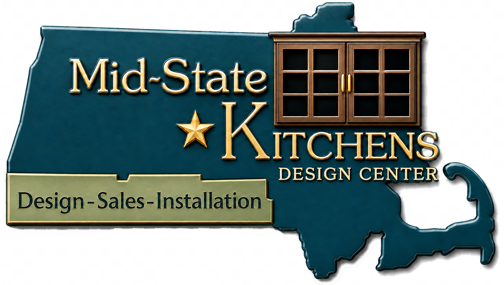 Logo for Mid-State Kitchens, featuring a kitchen cabinet graphic over a teal-colored map of Massachusetts.