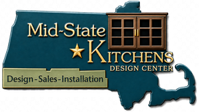 Logo for Mid-State Kitchens, featuring a kitchen cabinet graphic over a teal-colored map of Massachusetts.