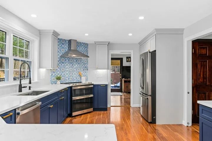 Modern kitchen with blue and white cabinets, stainless steel appliances, and hardwood floors.