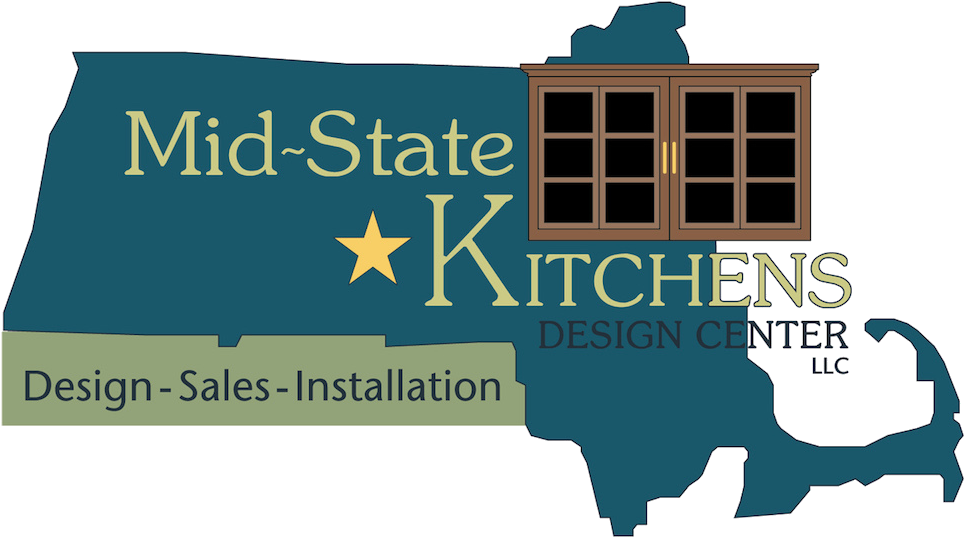Logo for Mid-State Kitchens, featuring a kitchen cabinet graphic over a teal-colored map of Massachusetts.