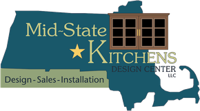 Logo for Mid-State Kitchens, featuring a kitchen cabinet graphic over a teal-colored map of Massachusetts.