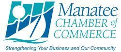 the manatee chamber of commerce logo is blue and white and says `` strengthening your business and our community '' .