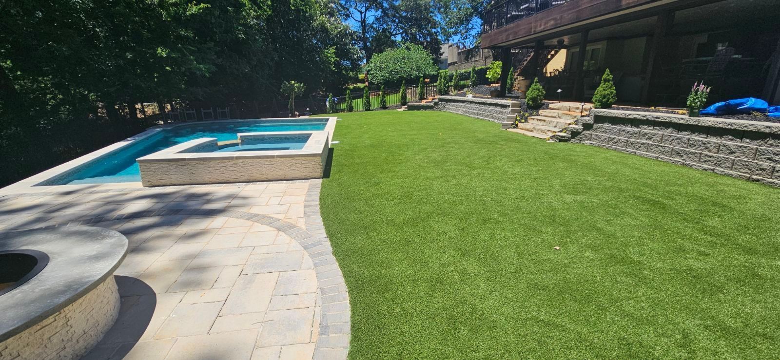 Backyard pool with green grass