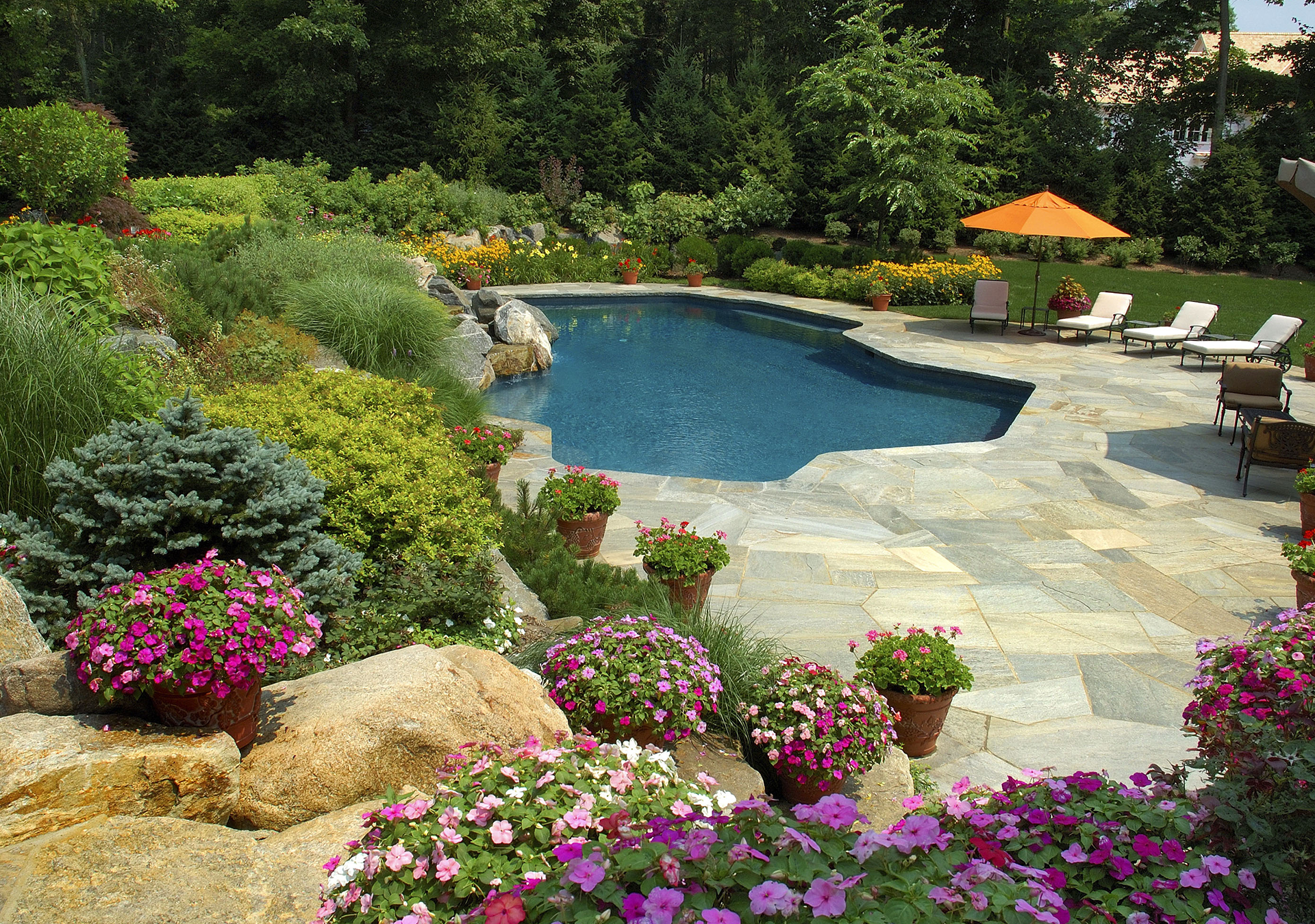 a pool with nice landscaping