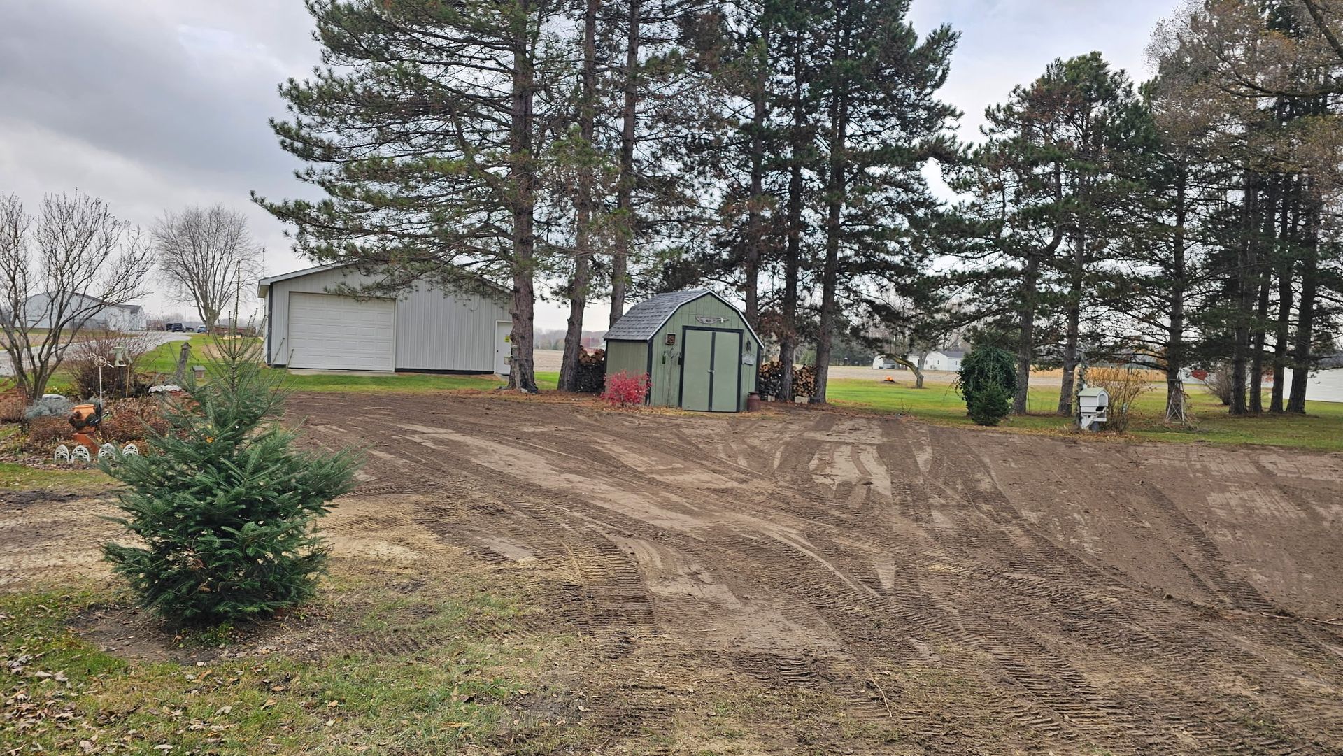 Muddy yard with trees and a small shed in front of a white building, overcast sky.