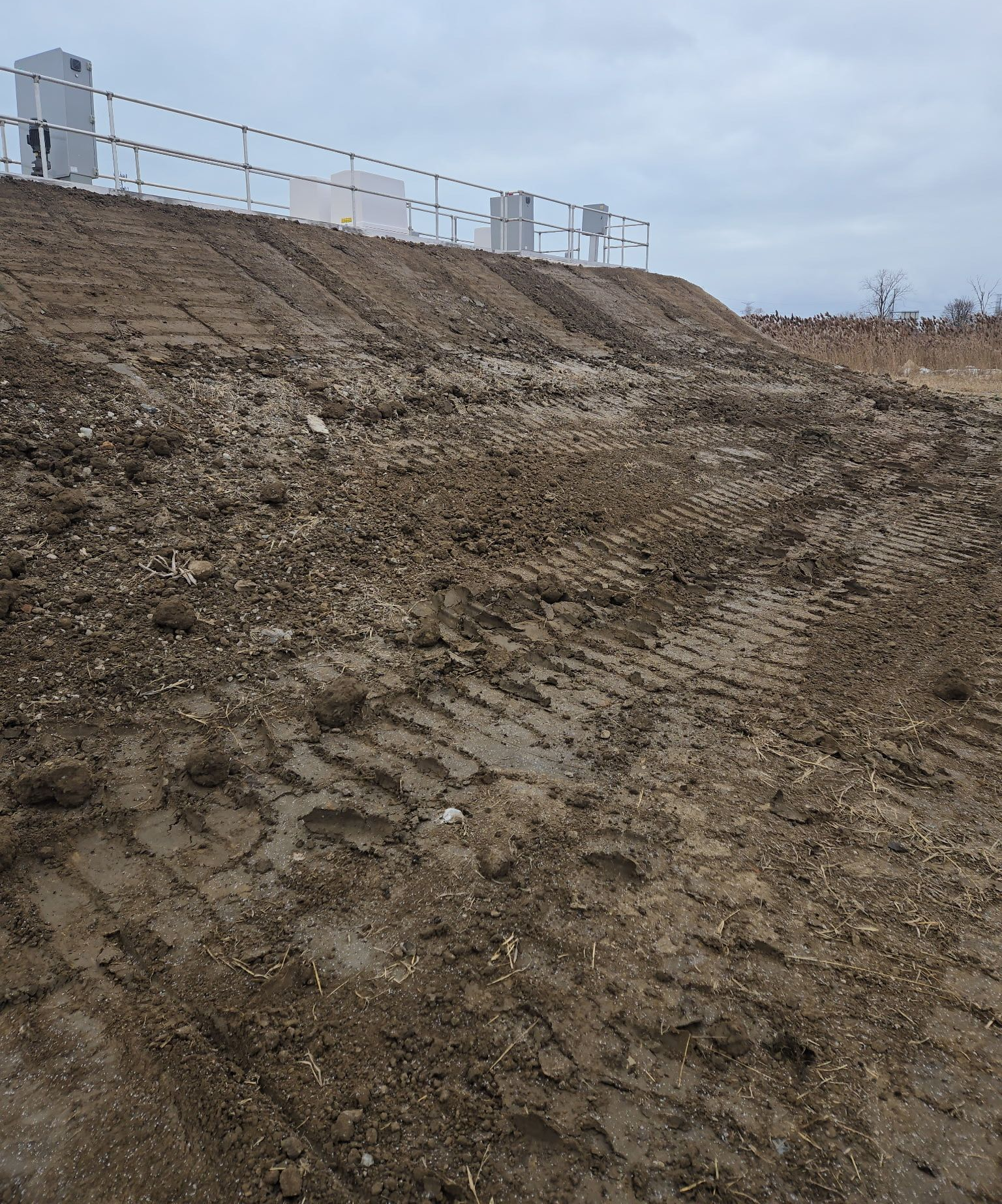 Muddy construction site with tire tracks and a line of white structures on a raised berm against a cloudy sky.