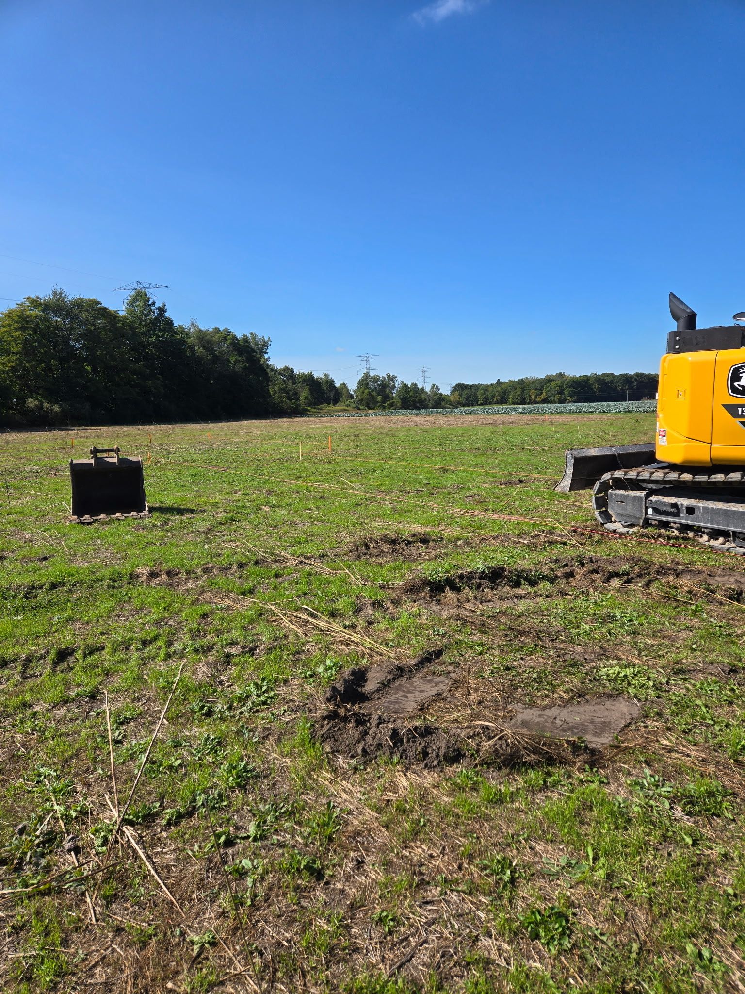 A small excavator on a grassy field under a blue sky, with trees in the background.