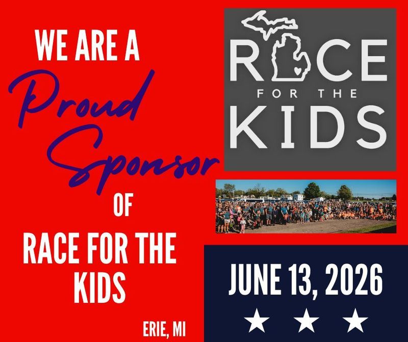 Event flyer for Race for the Kids in Erie, MI on June 13, 2026, featuring a logo, a crowd photo, and text on a red background.