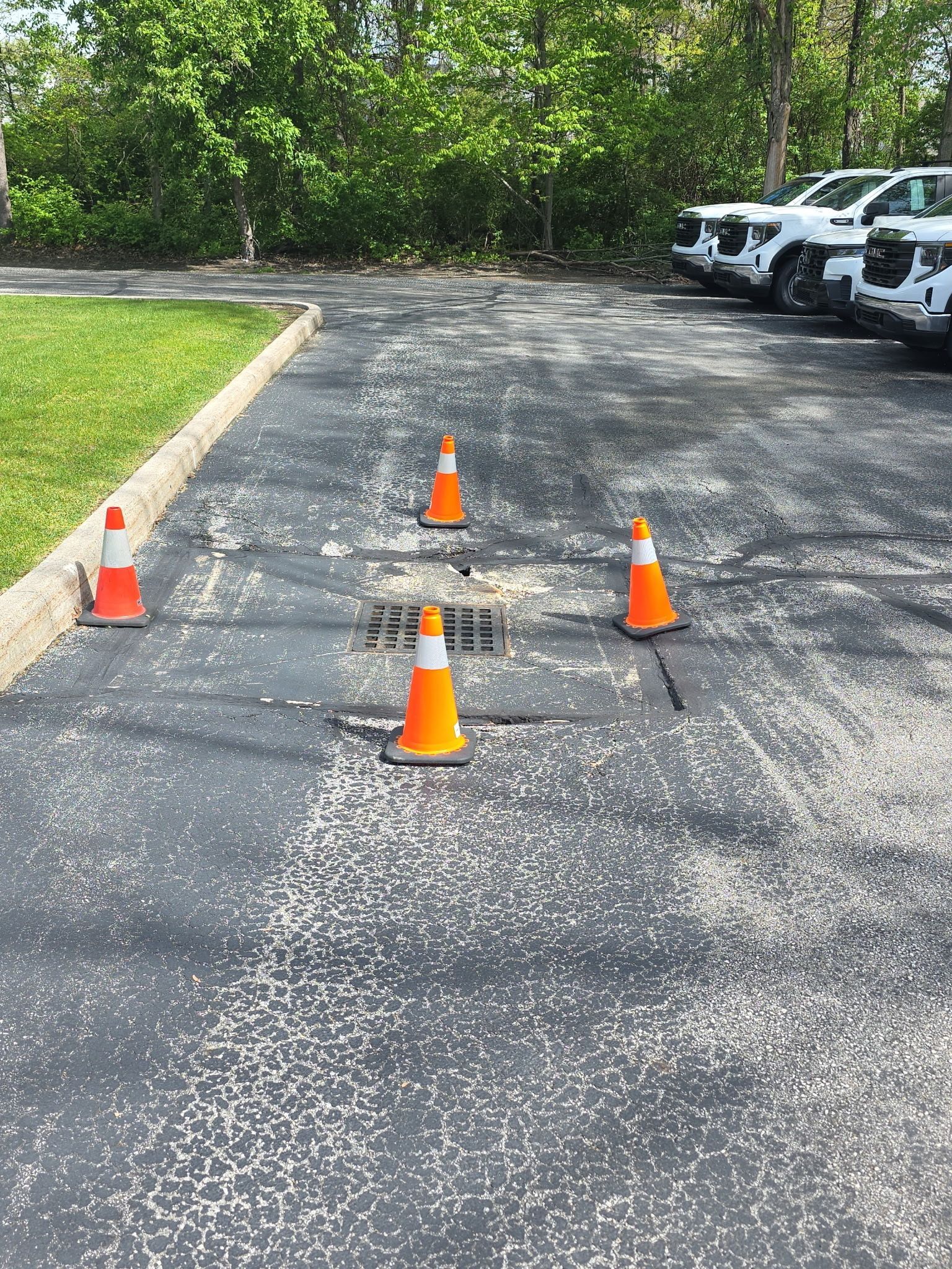 Parking lot with orange cones marking a blocked section of pavement near parked cars and trees.