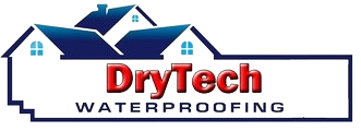 Logo for DryTech Waterproofing, features a house icon with blue roofs and red text.