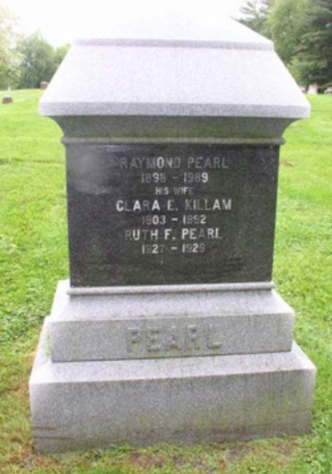 A gravestone for raymond pearl in a cemetery