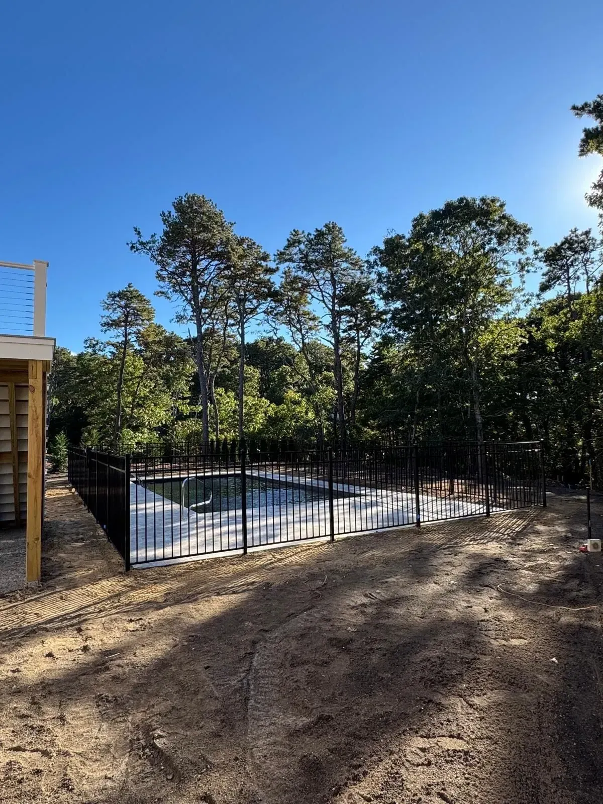 Black metal fence enclosing a white pool cover beside pine trees under a clear blue sky.