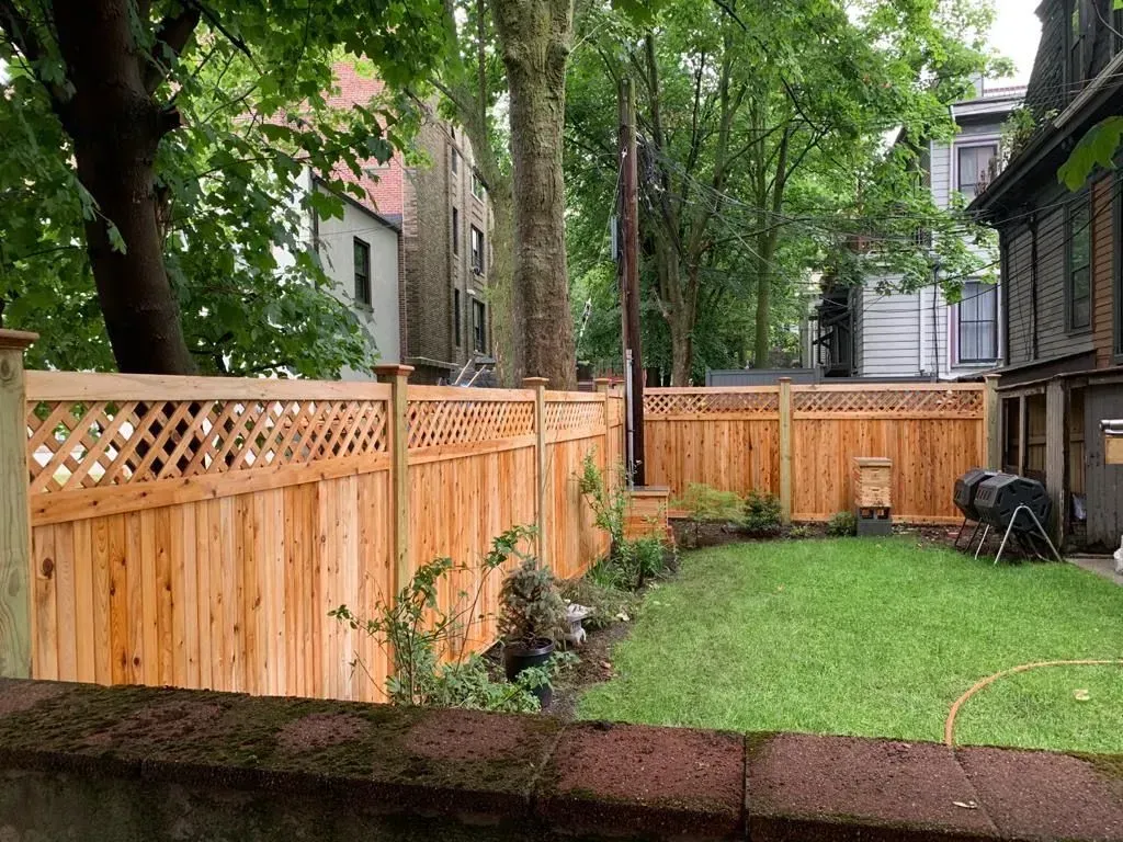 Backyard with green lawn, wooden privacy fence, and trees beside houses and a patio chair.