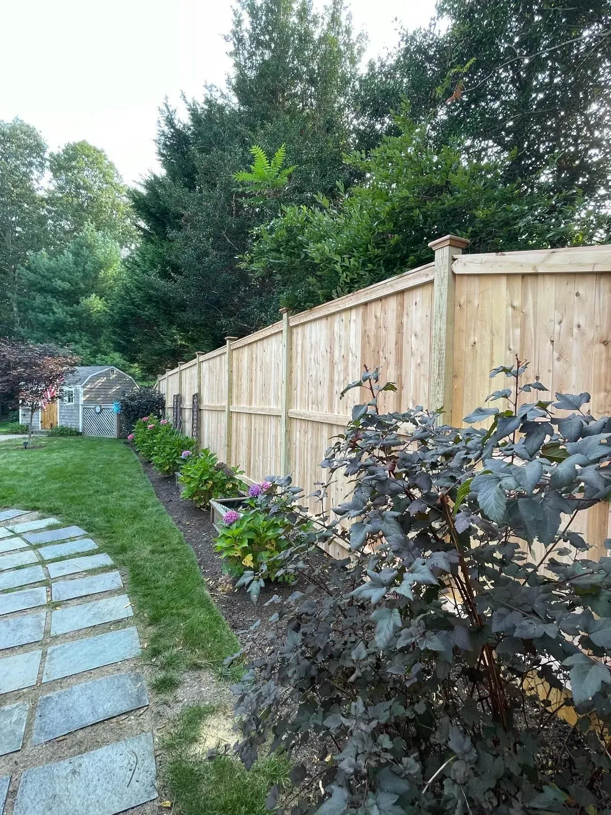 Curved garden path beside a wooden fence and dense greenery, with shrubs and trees in the background.