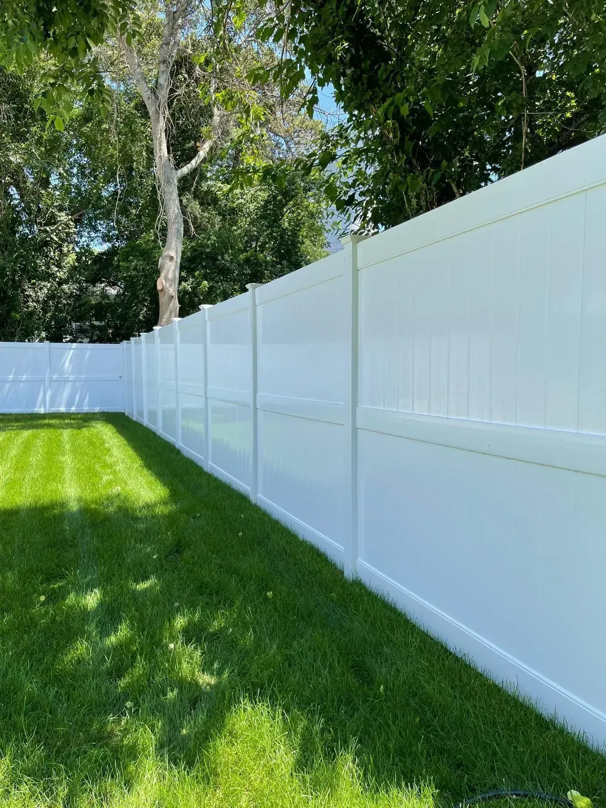 White vinyl fence along a green lawn with tall trees in the background.